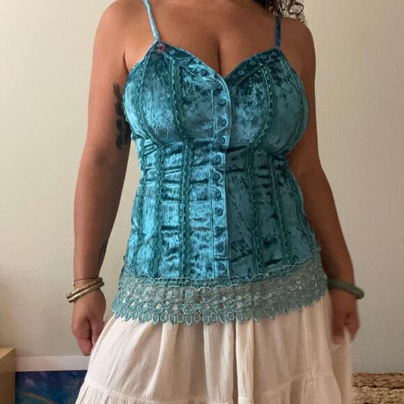 y2k silk blend fairycore blue velour beaded tank whimsigoth boho sirencore s/m - Picture 1 of 8